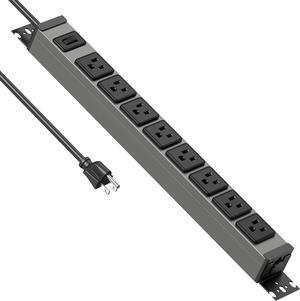 Heavy Duty Power Strip Wall Mount, 15 Amp Surge Protector 1200J Metal 8 Outlet Under Desk Mounted 15A, Garage Power Bar Table Socket Industrial Outlets, 6FT 14AWG Extension Cord
