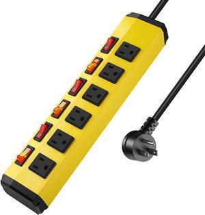 6 Outlet Metal Power Strip with 6 Individual Switches,Heavy Duty Power Strip 1200J 15A 10FT Cord Home Office Industrial Commercial Shop