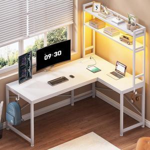 White Corner Desk, Reversible 45.3 Small Computer Desk with Power Outlet and LED Lights, Corner Computer Desk with Hutch, Storage Shelves and Hooks for Small Space