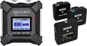 Zoom F3 Professional Field Recorder, 32-bit Float Recording, 2 Channel Recorder, Dual AD Converters & RØDE Wireless Go II Dual Channel Wireless System with Built-in Microphones
