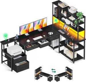 79"  L Shaped Desk with File Drawers, Reversible L Shaped Gaming Desk with Power Outlets & LED Lights, Computer Desk with Storage Shelves for Home Office, Black