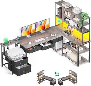 79"  L Shaped Desk with File Drawers, Reversible L Shaped Gaming Desk with Power Outlets & LED Lights, Computer Desk with Storage Shelves for Home Office, Grey