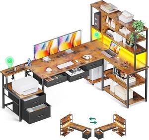 79"  L Shaped Desk with File Drawers, Reversible L Shaped Gaming Desk with Power Outlets & LED Lights, Computer Desk with Storage Shelves for Home Office, Brown