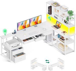 79"  L Shaped Desk with File Drawers, Reversible L Shaped Gaming Desk with Power Outlets & LED Lights, Computer Desk with Storage Shelves for Home Office, White