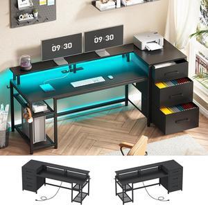 59" Office Desk with Drawers, Reversible Computer Desk with File Drawers & Storage, Gaming Desk with LED Lights & Power Outlet, Home Office Desks for Printer, Black