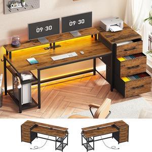 59" Office Desk with Drawers, Reversible Computer Desk with File Drawers & Storage, Gaming Desk with LED Lights & Power Outlet, Home Office Desks for Printer, Rustic Brown