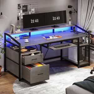 63" Computer Desk, Office Desk with Lockable Drawers for Legal/Letter File, Gaming Desk with LED Lights & Power Outlet, Home Office Desks with Storage, Grey