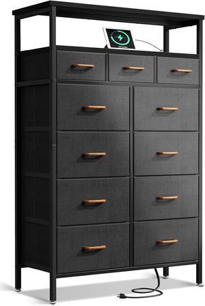 Dresser with Charging Station, 59-Inch Tall Dresser for Bedroom with 11 Storage Drawers, Large Fabric Dressers with Sturdy Metal Frame and Wooden Top, Dark Grey