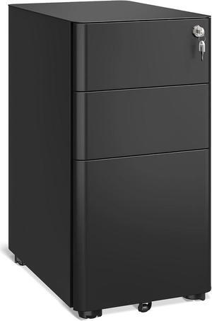 File Cabinet for Home Office, Fully Assembled Filing Cabinet 3 Drawer Rolling File Cabinets with Lock, Small Mobile File Storage Cabinets for A4/Legal/Letter File, Black