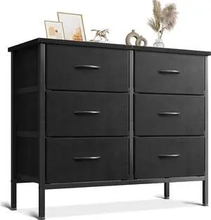 Dresser for Bedroom Dresser TV Stand with 6 Storage Drawers, Small Fabric Dresser Chest of Drawers for Closet Organizer Clothes, Black