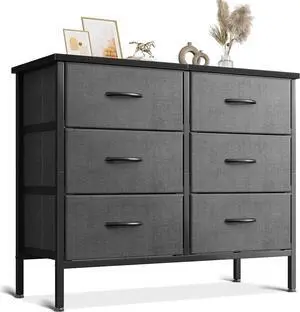 Dresser for Bedroom Dresser TV Stand with 6 Storage Drawers, Small Fabric Dresser Chest of Drawers for Closet Organizer Clothes, Black and Dark Grey