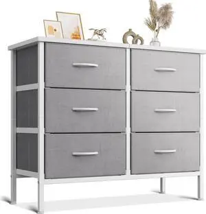 Dresser for Bedroom Dresser TV Stand with 6 Storage Drawers, Small Fabric Dresser Chest of Drawers for Closet Organizer Clothes, White and Light Grey
