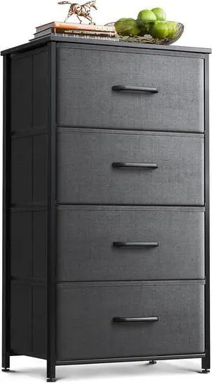 Dresser for Bedroom with 4 Storage Drawers, Small Dresser Chest of Drawers Fabric Dresser with Sturdy Steel Frame, Dresser for Closet with Wood Top, Dark Grey