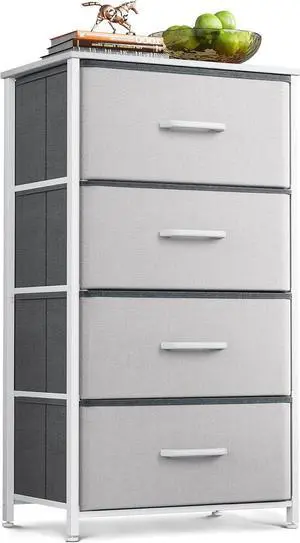 Dresser for Bedroom with 4 Storage Drawers, Small Dresser Chest of Drawers Fabric Dresser with Sturdy Steel Frame, Dresser for Closet with Wood Top, Light Grey