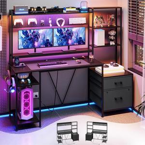 65" Gaming Desk with Hutch, 65in Reversible Computer Desk with Power Outlets LED Light, Home Office Desk with Monitor Stand 2 Drawers 4 Storage Shelves Pegboard 8 Hooks Mouse Pad - Black