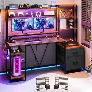 65" Gaming Desk with Hutch, 65in Reversible Computer Desk with Power Outlets LED Light, Home Office Desk with Monitor Stand 2 Drawers 4 Storage Shelves Pegboard 8 Hooks Mouse Pad - Rustic Brown