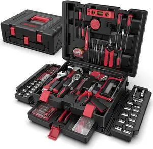 Home Tool Kit with Drawer - 379-PCs Portable Complete Household and Auto Repair Tool Set - Hand General Basic Tool Box Storage Case - Full Basic Toolkit for Handyman & Diyer & Homeowner Red