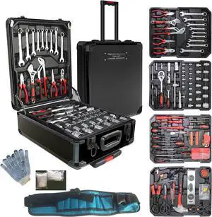 799pcs Aluminum Trolley Case Tool Set Silver, House Repair Kit Set, Household Hand Tool Set, with Tool Belt,Gift on Father's Day (Black)