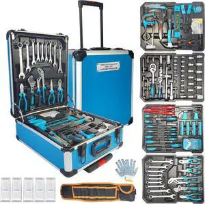 BLUE 799pcs Aluminum Trolley Case Tool Set Silver, House Repair Kit Set, Household Hand Tool Set, with Tool Belt for Thanksgiving, Valentine's Day, Christmas