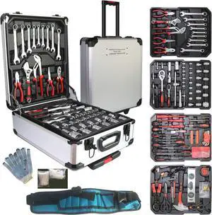 799pcs Aluminum Trolley Case Tool Set Silver, House Repair Kit Set, Household Hand Tool Set, with Tool Belt,Gift on Father's Day (Silver)
