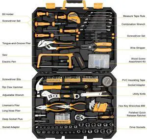 198 Piece Home Repair Tool Kit, Wrench Plastic Toolbox with General Household Hand Tool Set