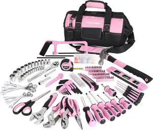 PINK,267-Piece Pink Tool Set, Home Repairing Tool Kit with 13-Inch Wide Mouth Open Tool Bag, Mechanics Hand Tool Kit for DIY, Home Maintenance