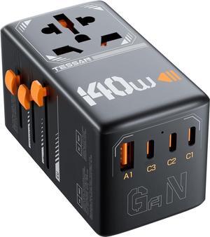 140W GaN Universal Travel Adapter, International Plug Adaptor with 3 USB C and 1 USB A Charging Ports, Worldwide Power Outlet for US to Europe UK AUS Ireland(Type C/G/A/I), Black