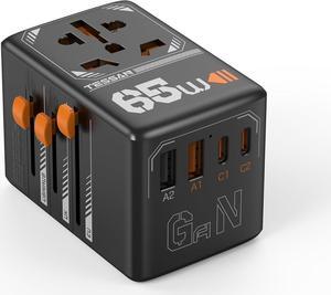 Universal Travel Adapter, GaN 65W International Plug Adaptor with 4 USB(2 USB C) Charging Ports, Worldwide Power Outlet for US to European EU UK AUS Ireland(Type C/G/A/I)