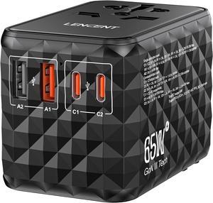 65W Universal Travel Adapter, GaN International Fast Charger 2 USB-A & 2 USB-C Power Plug Converter, Power Outlet Adapter for Phones,Laptops, All in One Travel Essentials for EU/USA/UK/AU