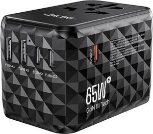 65W International Travel Adapter, GaN Universal Travel Adapter with 2 USB-A & 3 Type C Power Adapter, Fast Charger for Phone,Laptops, Worldwide Plug Adapter for USA/UK/EU/AUS, Black