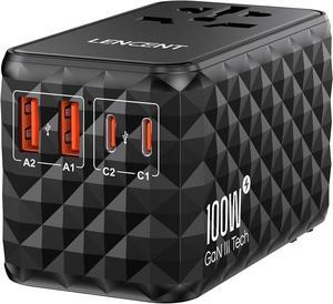 100W International Travel Adapter, GaN Universal Travel Adapter with 2 USB-A & 2 Type C Power Adapter, Fast Charger for Phone,Laptops, Worldwide Plug Adapter for USA/UK/EU/AUS, Black