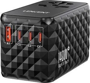 140W International Travel Adapter, GaN Universal Travel Adapter with 1 USB-A & 3 Type C Power Adapter, Fast Charger for Phone,Laptops, Worldwide Plug Adapter for USA/UK/EU/AUS, Black