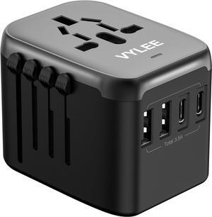 Universal International Power Travel Plug Adapter, 5 in 1 European Travel Plug Adapter W/ 3.5A 2xUSB-A and 2xUSB C Wall Charger and Worldwide AC Outlet for Europe USA UK AUS Asia (Black Grey)