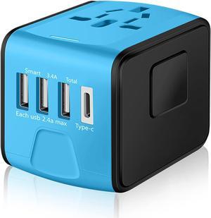 Travel Adapter Worldwide, Universal International Power Plug Adapter W/2.4A 3xUSB-A and 3.0A Type-C Wall Charger, European Travel Plug Adapter for Europe UK EU US CA AU Italy Asia-Blue