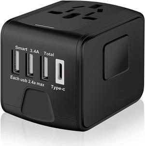 Universal International Travel Power Adapter W/High Speed 2.4A USB, 3.0A Type-C Wall Charger, European Adapter, Worldwide AC Outlet Plugs Adapters for Europe, UK, US, AU, Asia-Black