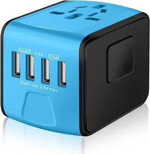 Universal International Travel Power Adapter W/Smart High Speed 2.4A 4xUSB Wall Charger, European Travel Plug Adapter, Worldwide AC Outlet for Europe, UK, US, AU, Asia-Blue