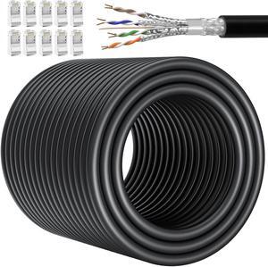 Cat 7 Ethernet Cable Bulk 500ft Outdoor with 10 RJ45 Connectors, SFTP Triple Shielded Patch Cable 24AWG, Cat 7 Direct Burial Ethernet Cable, Waterproof, High Speed 10Gbps 600Mhz, for Router Gaming