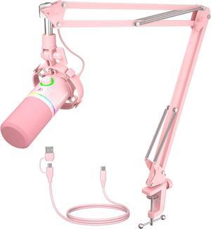 XLR/USB Dynamic Microphone Kit, RGB Gaming Mic with Software, Mute, Gain Knob, Volume Control, Boom Arm for Streaming, Podcasting, Voice-Over, Recording-PD200XS Pink