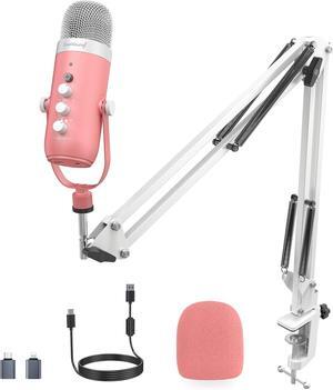 Gaming Microphone Kit,Podcast Condenser USB Mic with Boom Arm,Supercardioid Microphone with Mute Button,Echo Volume Gain Knob,Adjust Monitor for Phone PC Computer (Pink)