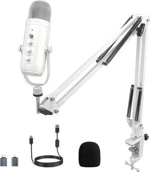 Gaming Microphone Kit,Podcast Condenser USB Mic with Boom Arm,Supercardioid Microphone with Mute Button,Echo Volume Gain Knob,Adjust Monitor for Phone PC Computer (White)
