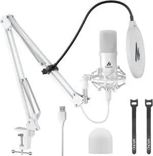 USB Microphone, 192kHz/24bit Plug & Play PC Computer Podcast Condenser Cardioid Metal Mic Kit with Professional Sound Chipset for Recording, Gaming, Singing, YouTube, AU-A04 White