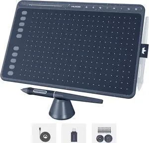 HS611 Graphics Drawing Tablet Android Support Digital Art Tablet with Battery-Free Stylus 8192 Pen Pressure Tilt 8 Multimedia Keys 10 Hot Keys and Touch Ring, 10x6 inch Drawing Pad,  Gray