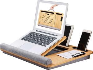 Bamboo Laptop Lap Desk Adjustable Angle, Bed Desk Portable with Cushion and Soft Wrist Pad, Laptop Stand for Desk with Clip and Media Slots (Natural Bamboo for Desk Grey for Cushion)