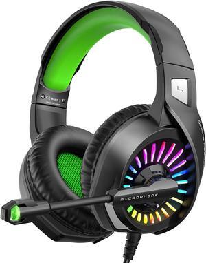 Z20 Gaming Headset for PS4, PS5, Xbox One, Xbox Series S/X, PC, Switch, Wired Over-Ear Headphones with Noise Isolation Microphone, RGB LED Light, Surround Sound, Green
