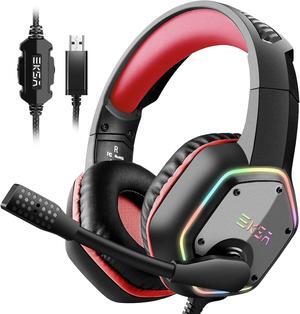 E1000 Gaming Headset, Computer Headphones with Noise Canceling Mic & RGB Light, 7.1 Surround Sound, Compatible with PC, PS4 PS5 Console, Laptop (Red)