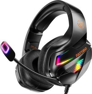 Gaming Headset for PC PS5 PS4 XboxOne, Gaming Headphone with 50mm Drivers 3D Surround Sound, Noise-Cancelling Mic, Soft Memory Earmuffs & 4 Modes RGB Light