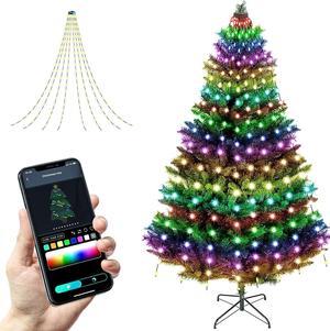 Christmas Tree String Lights Decorations with Ring Smart APP, 160 LED Waterfall Lights IP65 Waterproof Multi-Modes with Remote Color Changing Lights for Wedding Yard Party Home Holiday