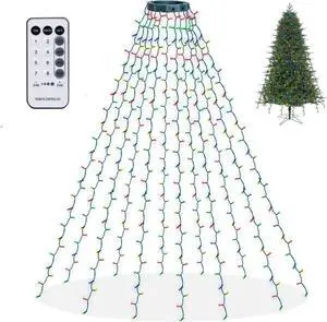 Christmas Tree Lights, 448 LED Waterfall Tree Topper Lights with Remote & 8 Lighting Modes, 8.2FT X 16 Lines Christmas Lights for Outdoor Yard Party Xmas Tree Decoration (Multi-Colored)
