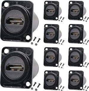 10Pack HDMI Panel Mount Coupler, HDMI D-Type Pass Through Connector, Female to Female 4K Adapter, HDMI Bulkhead Extension 4K 60hz 3D and HDR with Cap