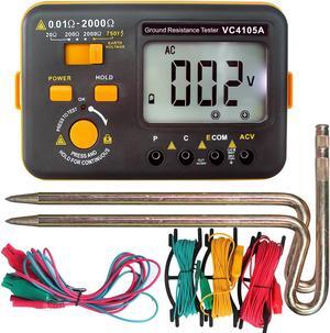 VC4105A Earth Resistance Tester Digital Grounding Resistance Meter 20/200/2000 Ground Resistance 750V AC Voltage Measure Backlight LCD Display Data Hold